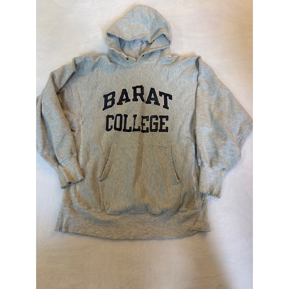 Vintage Champion Reverse Weave Barat College Hoodie Gray Distressed XL